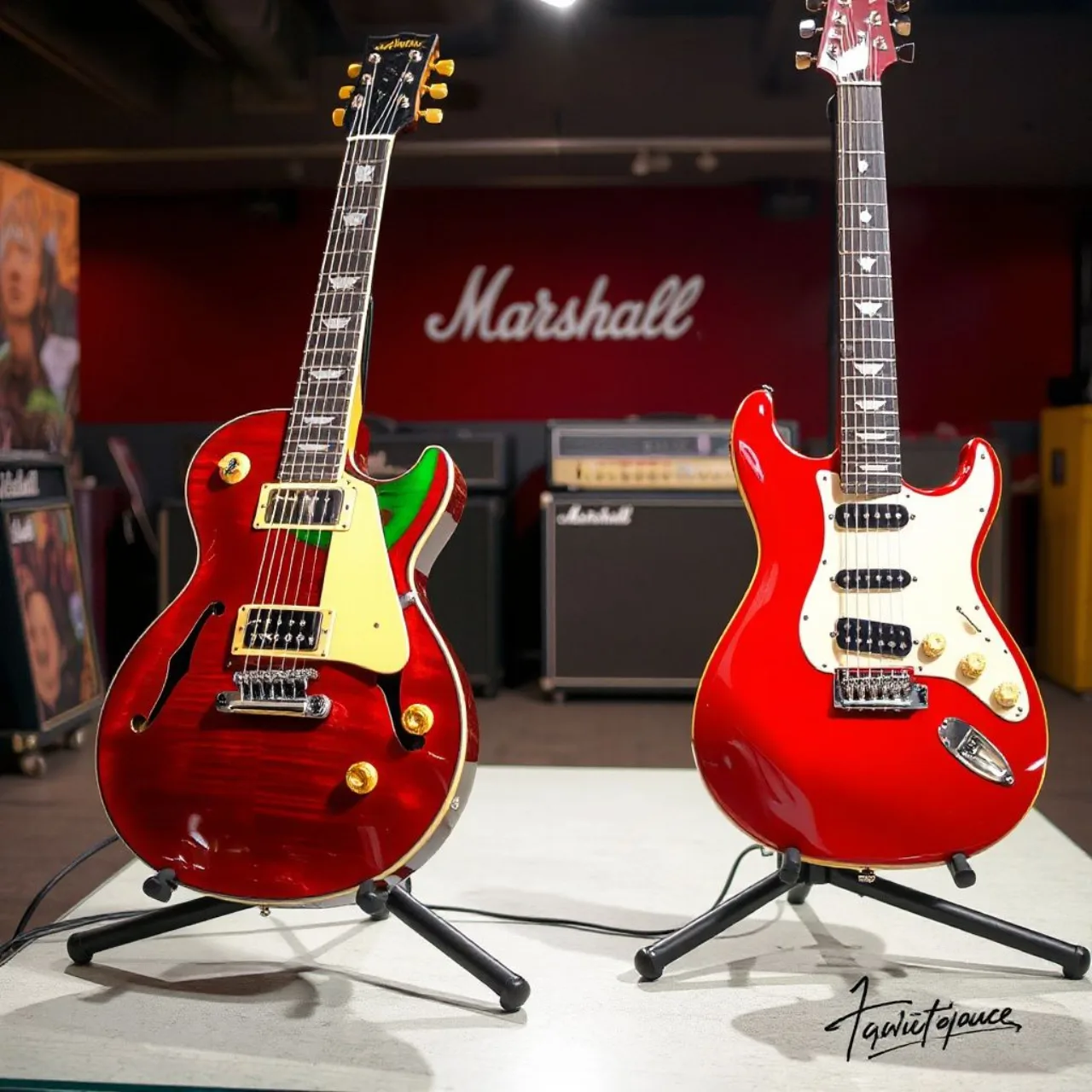 Duas guitarras Fender Stratocaster, uma vermelha e outra verde, com logotipo dos 30 anos de Pokémon no headstock