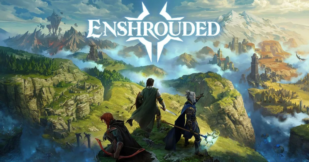 Tela do Enshrouded mostra a heroína em frente ao mapa de Emberval, com o logo do jogo e ícones do sistema Sparkworks