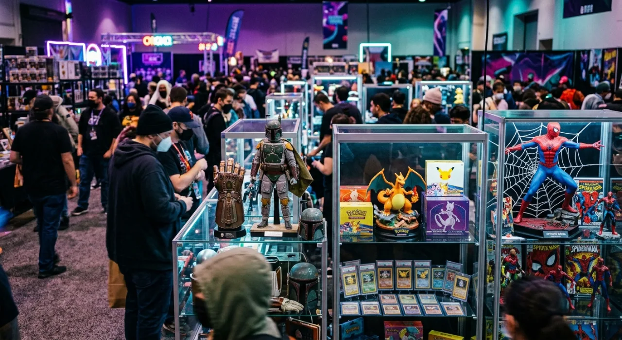 Boneco Boba Fett, carta rara de Pokémon e HQ do Homem-Aranha sob luz focada em vitrine de leilão luxuosa