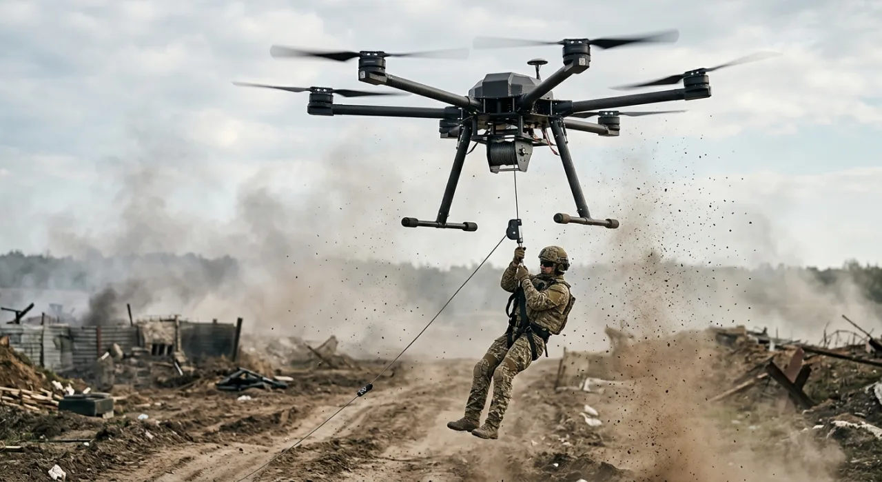 Drone hexacóptero ucraniano sobrevoa trincheira, segurando um soldado ferido com maca enquanto explosões iluminam o céu