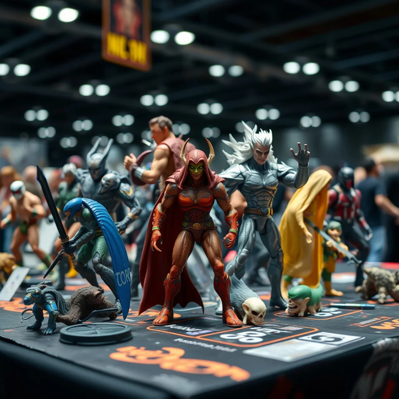 Estantes iluminadas exibindo figuras detalhadas de Link, Zelda e Ganon ao lado de caixas colecionáveis da Hasbro