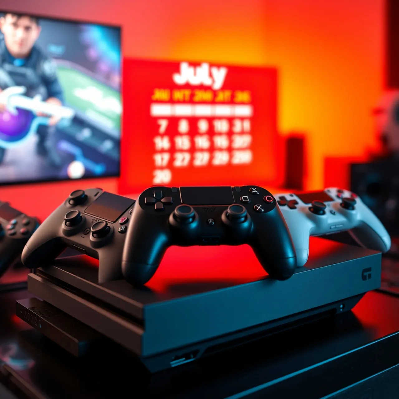 Um jogador concentrado no controle do PS5, vestindo camiseta esportiva, com smartwatch, garrafa de água e halteres ao lado