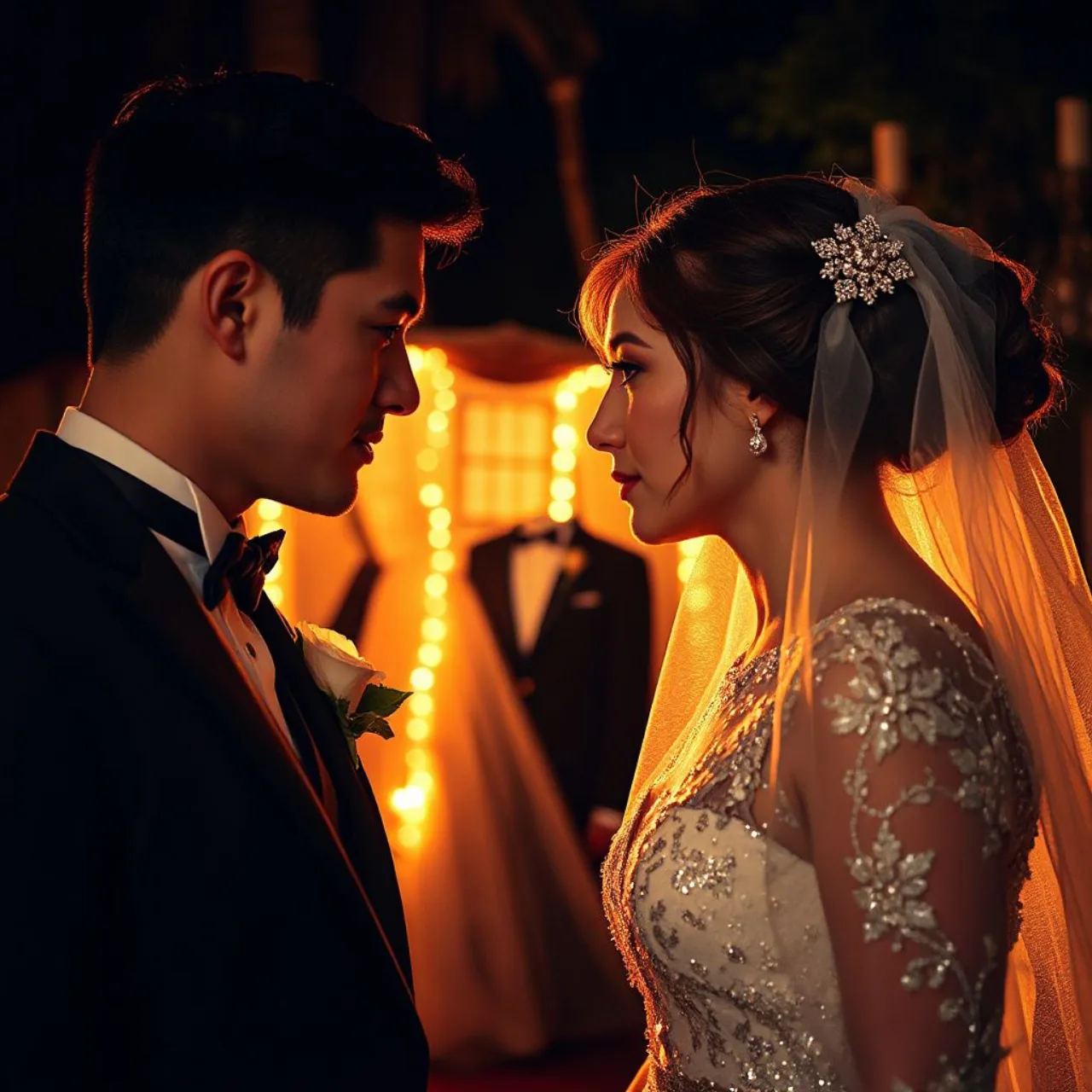 Casal em traje casual faz alongamento ao pôr‑do‑sol, com lanternas de vaga‑luminosas iluminando a cena