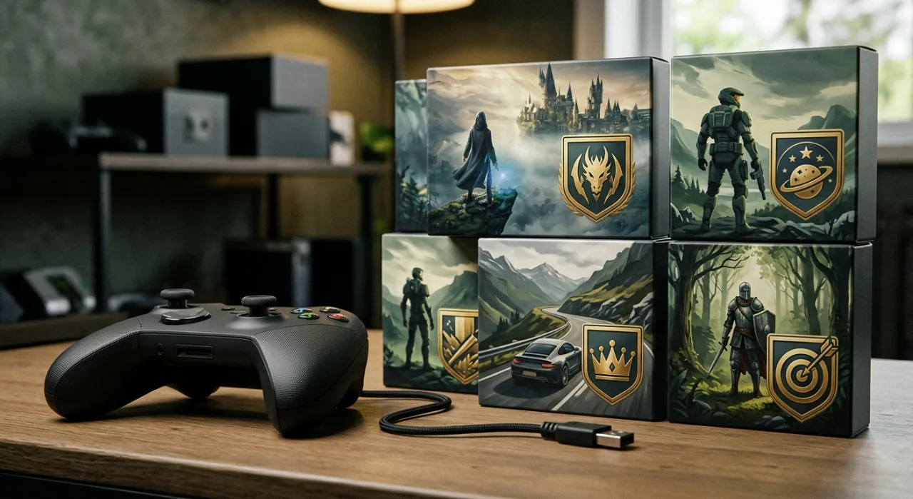 Controlador Xbox ao lado de duas capas idênticas de jogo com símbolo de proibido sobre elas e ícone de conquista