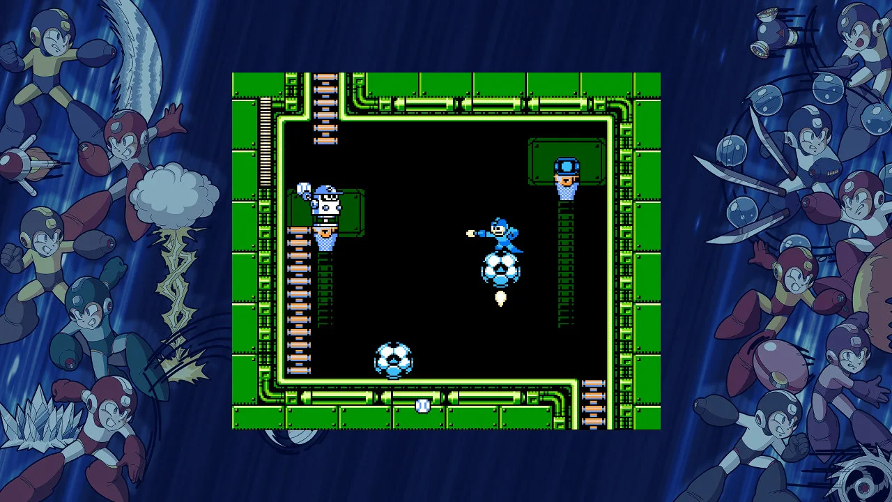 Jovem faz agachamento segurando controle de Mega Man, ao lado de garrafa d’água e barra de proteína