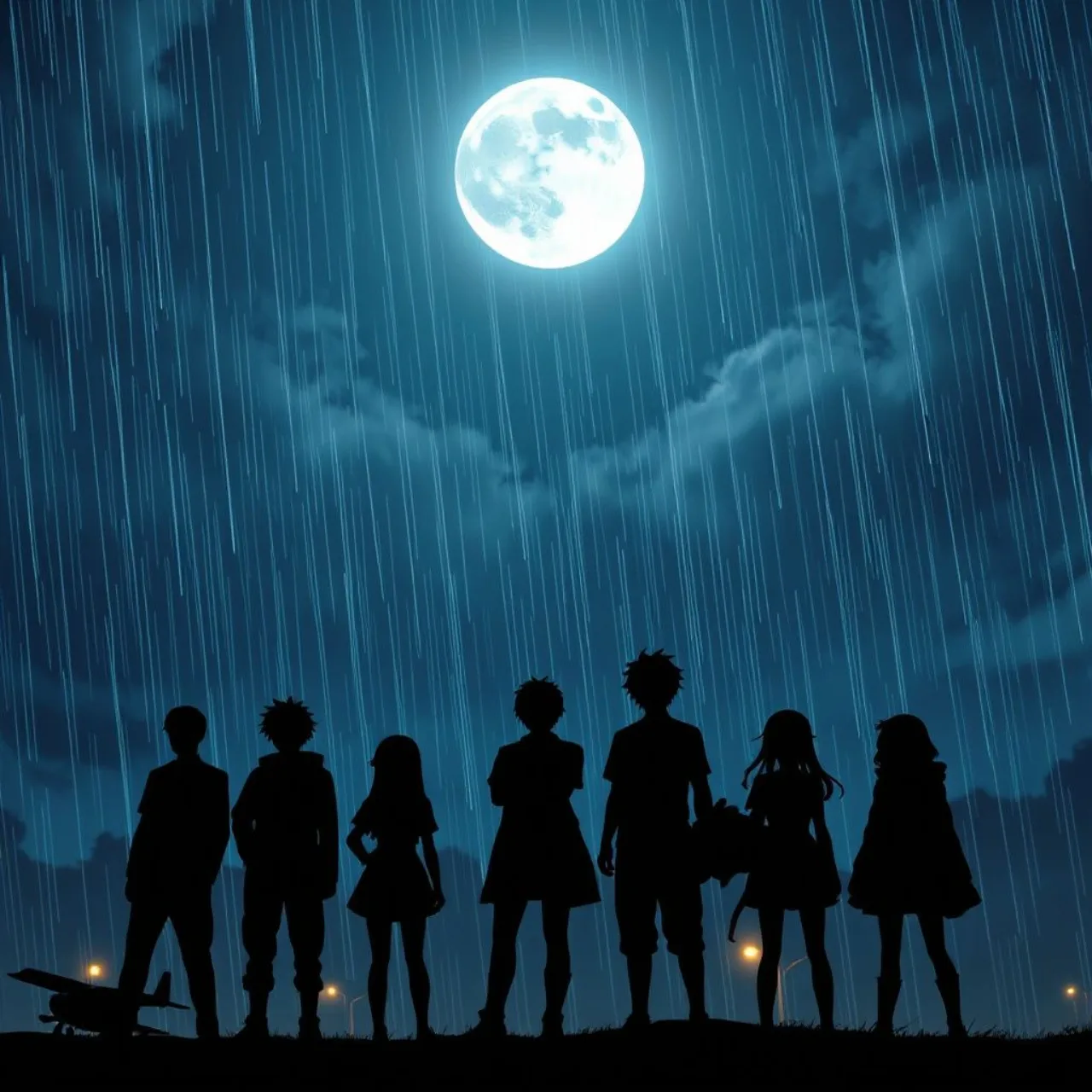 Iori Saeki em close, capa molhada, sob chuva noturna, com a lua cheia ao fundo e o logo de “The Moon on a Rainy Night”