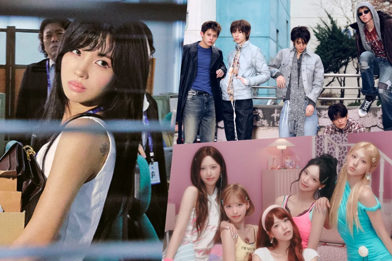 Soyeon em destaque, segurando o microfone, ao lado dos logotipos de CORTIS, RESCENE, ATEEZ e aespa na lista da Soompi