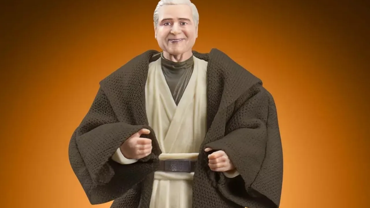 Anakin Skywalker idoso pratica yoga em um jardim zen, acompanhado de uma garrafa de água e uma cesta de frutas