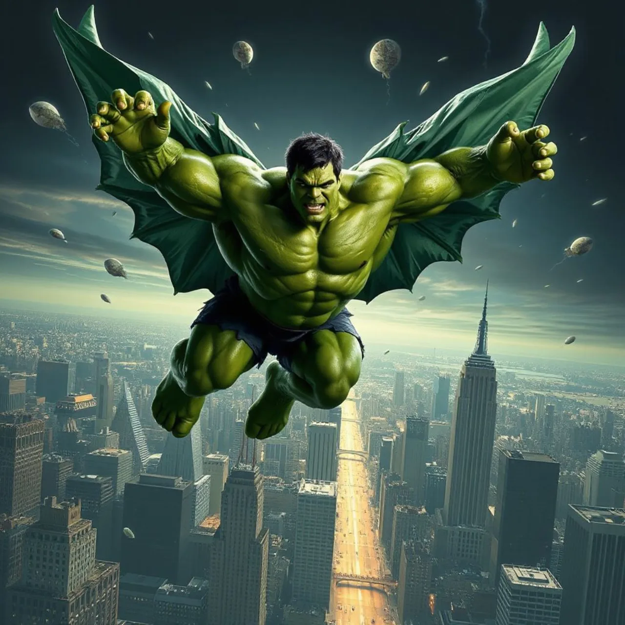 Hulk voando sobre uma cidade em estilo de quadrinhos dos anos 60, com o logotipo da Marvel ao fundo