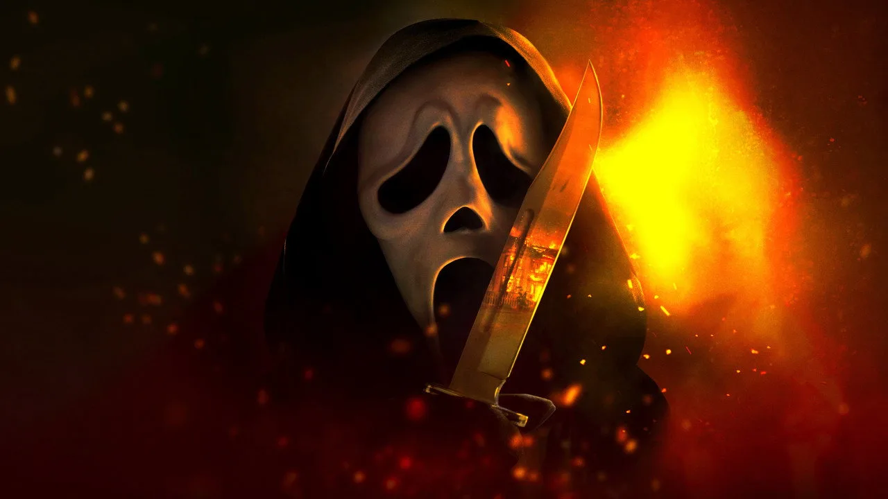 Mulher fazendo agachamento com halteres ao lado de uma TV exibindo pôster de Scream 7