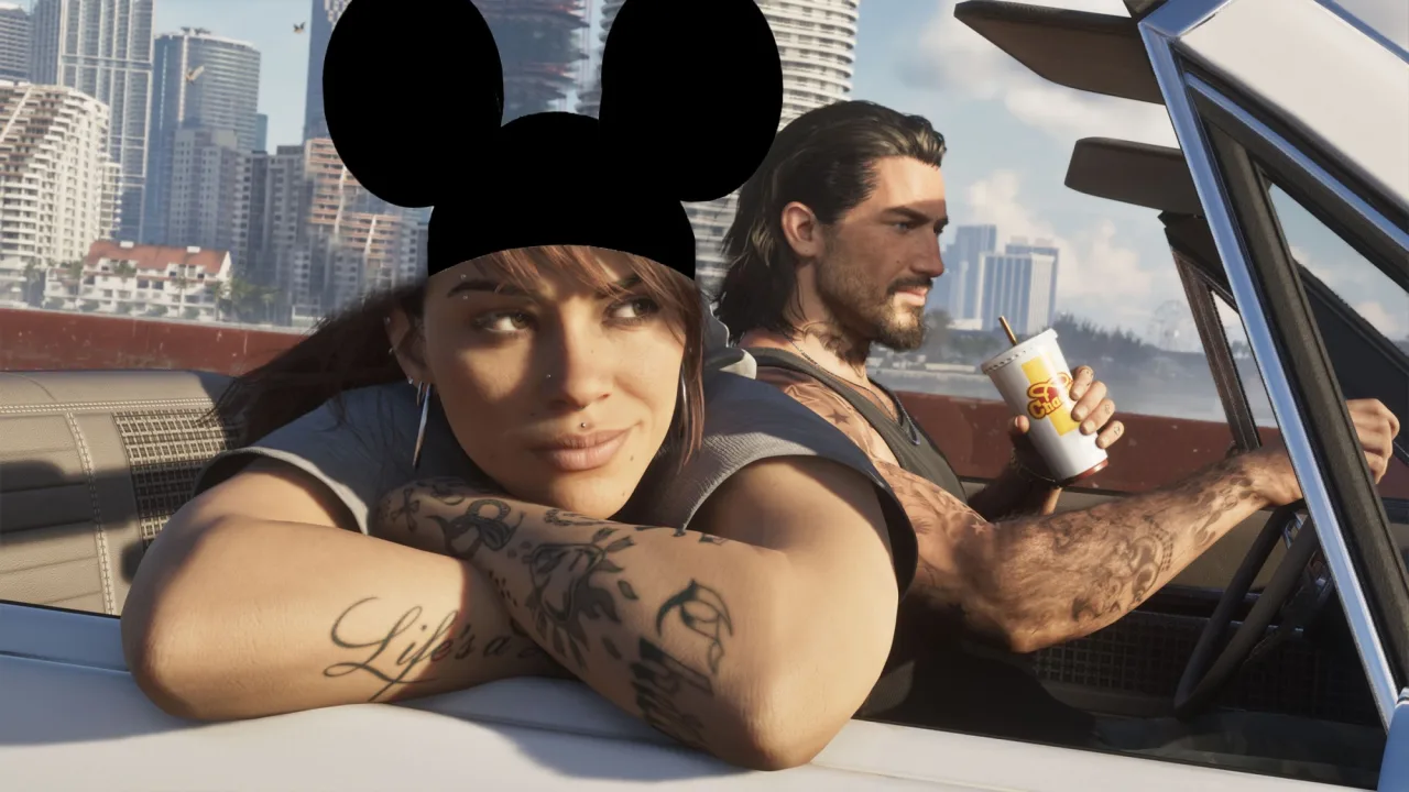 Logo de GTA 6 sobre mapa da Flórida com ícones da Disney, Universal e SeaWorld riscados