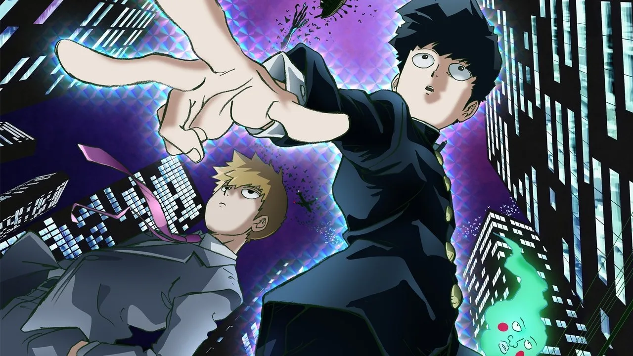 Jovem vestindo camiseta do Mob Psycho 100 faz flexão em academia iluminada, com pôster do anime ao fundo