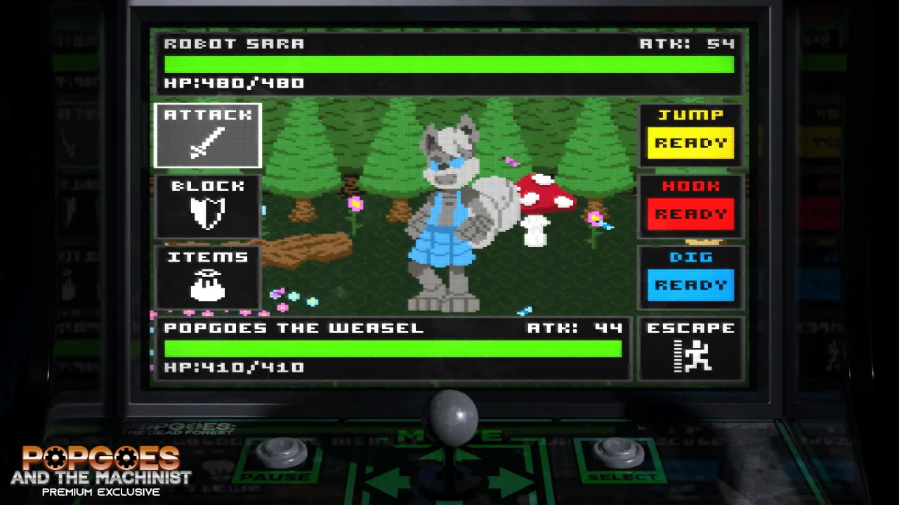 Imagem de um computador ou monitor exibindo o jogo Popgoes Arcade na interface da Steam, com o botão de aquisição em destaque e a data "até 28 de junho" visível, ao lado de um lanche saudável com