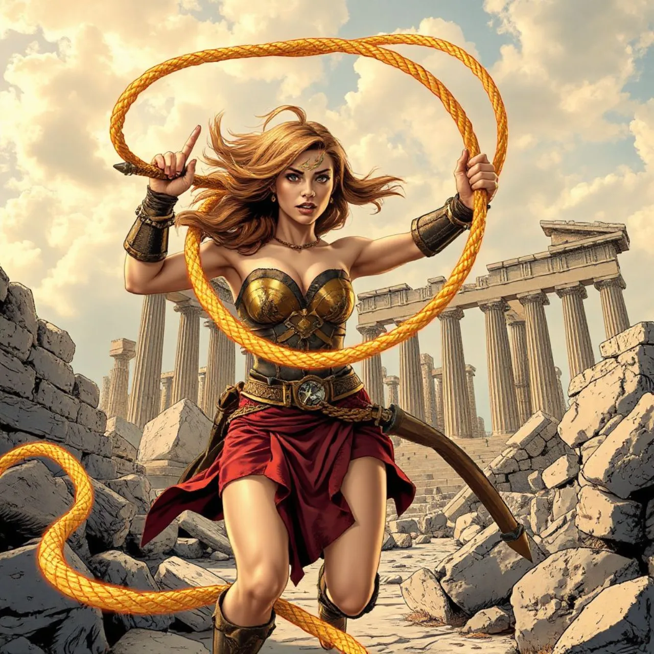 Capa de 1987 de Wonder Woman de George Pérez, mostrando Diana em armadura dourada, espada e escudo, estilo épico
