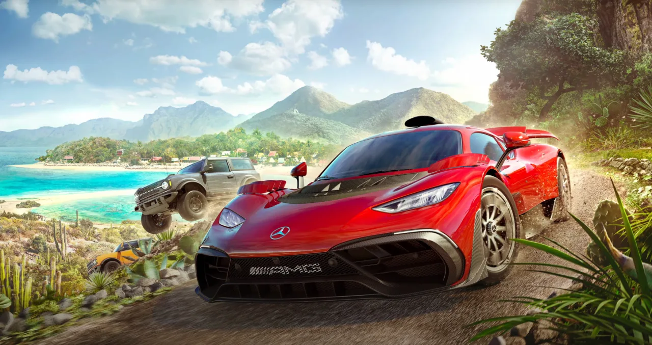 Gamer alongando-se com maçã e água, em frente ao monitor com Forza Horizon 6 e Subnautica 2 no Steam