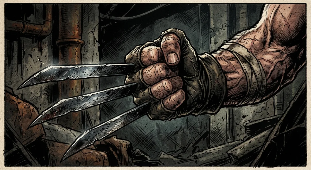 Homem musculoso treinando intensamente com halteres em uma academia rústica, remetendo à força física de Wolverine