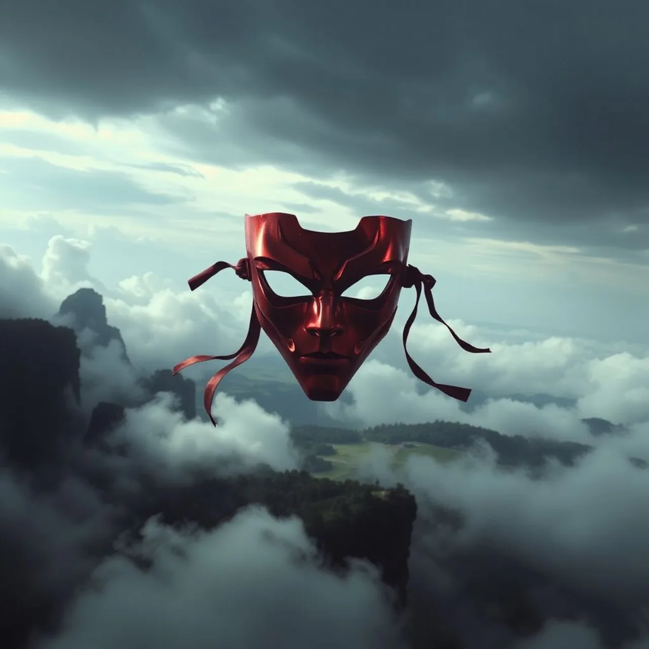 Personagem central com máscara vermelha ao lado de seis novos heróis e o logo de The Vermilion Mask