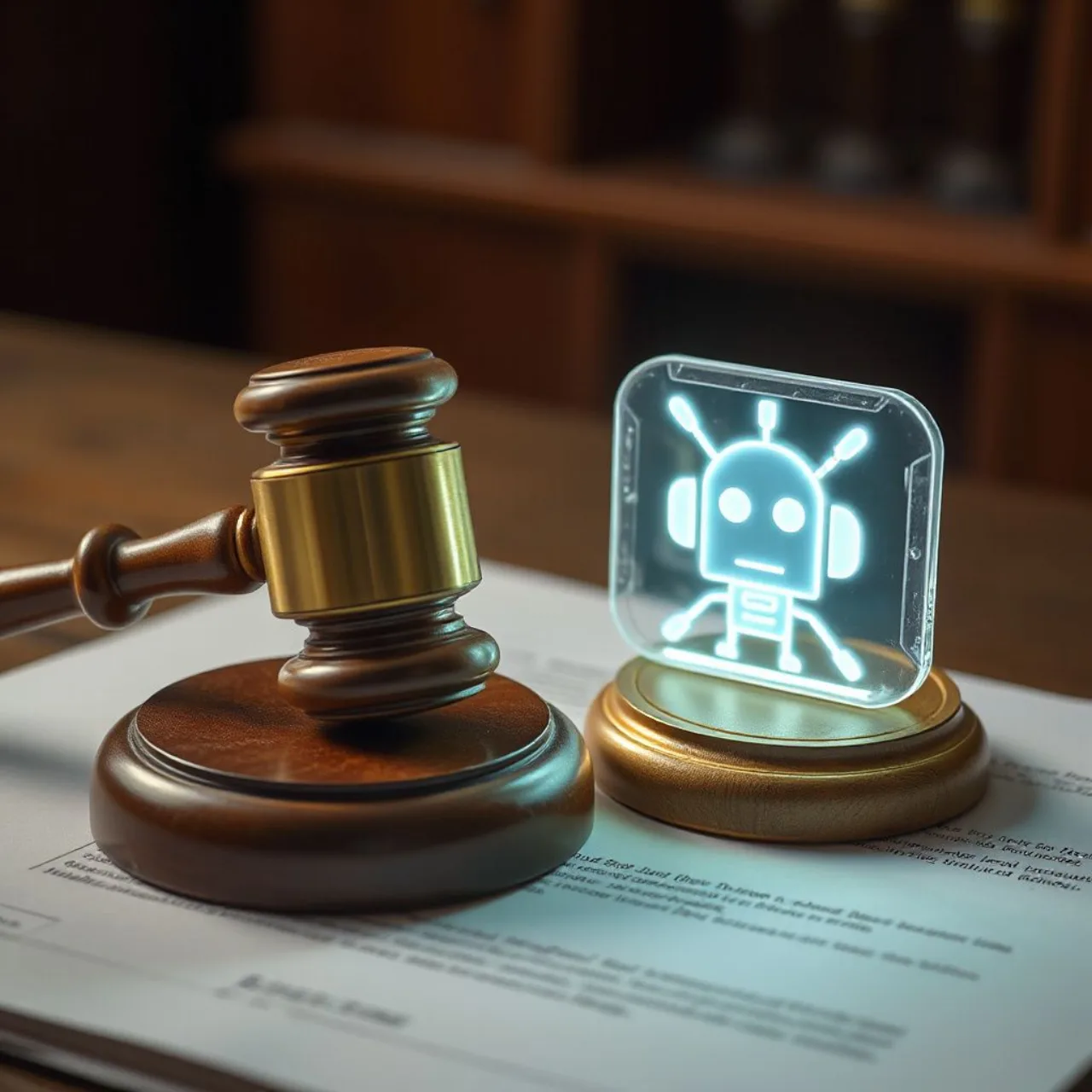 Logotipo da OpenAI ao lado da balança da justiça e bandeira da Flórida em um tribunal