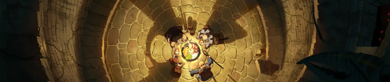 Ilustração de um banquete de monstros preparado com ingredientes de dungeon ao lado de utensílios de cozinha rústicos