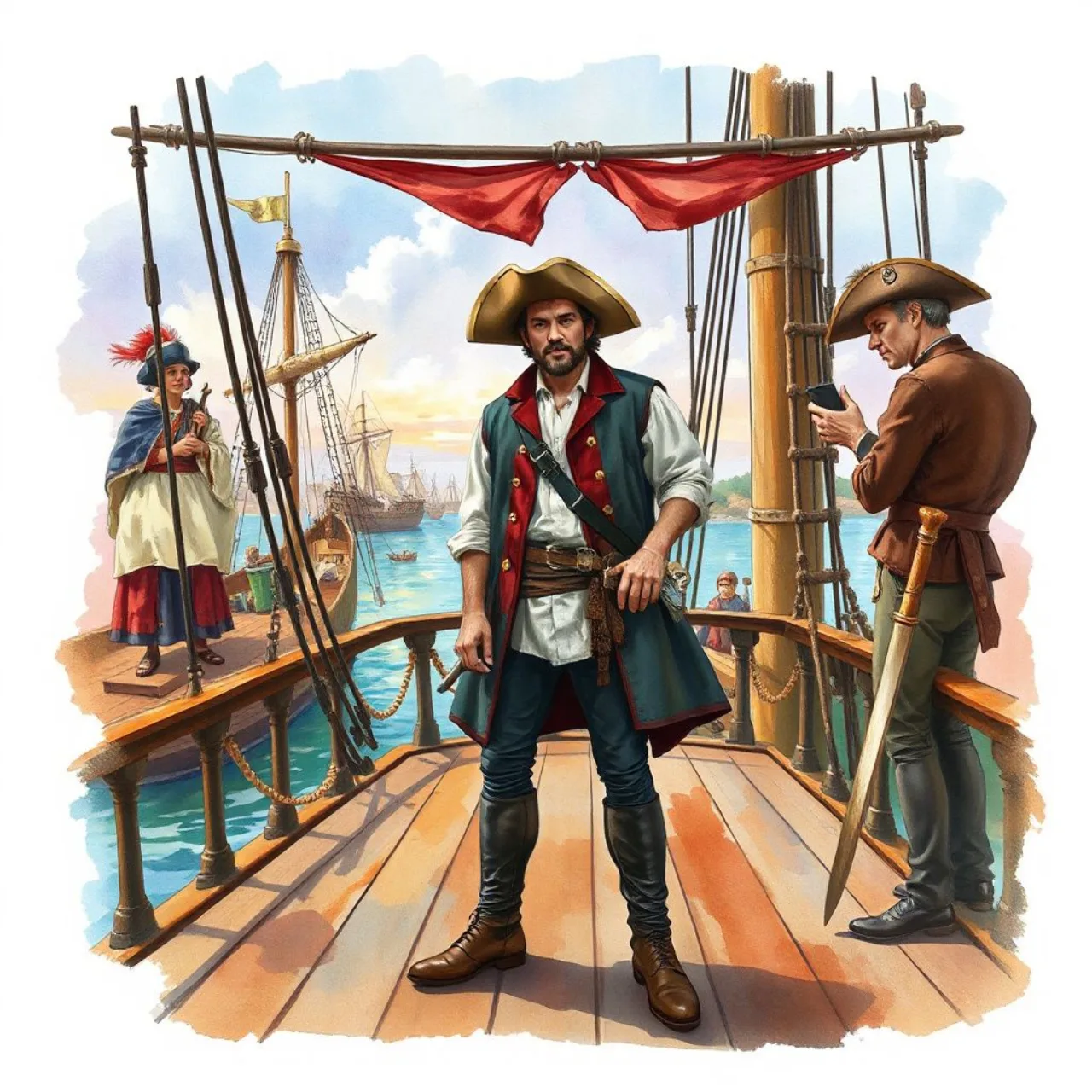Capa da graphic novel mostra um ladrão de chapéu tricorn, espada na mão, diante de um porto colonial espanhol do século XVII