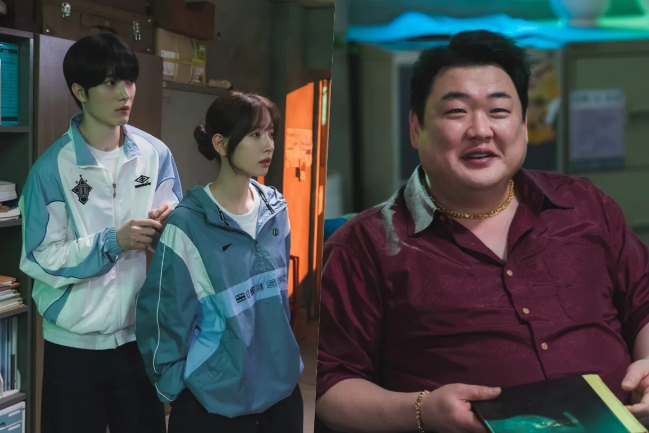 Ji Yeon (Bona) e Jang Se Hyuk encaram o agiota Kim Joon Hyun, trocando olhares tensos em um ambiente sombrio