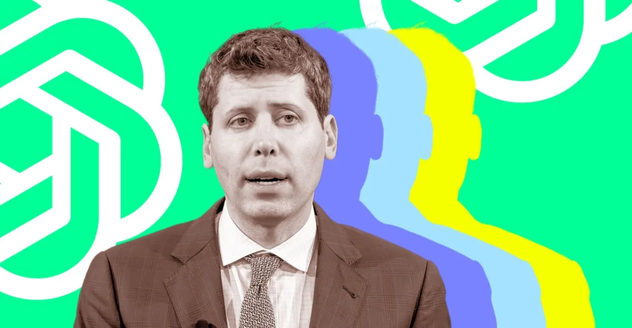Juiz Zachary Bluestone bate o martelo ao lado de um retrato de Sam Altman e do logotipo da OpenAI no tribunal