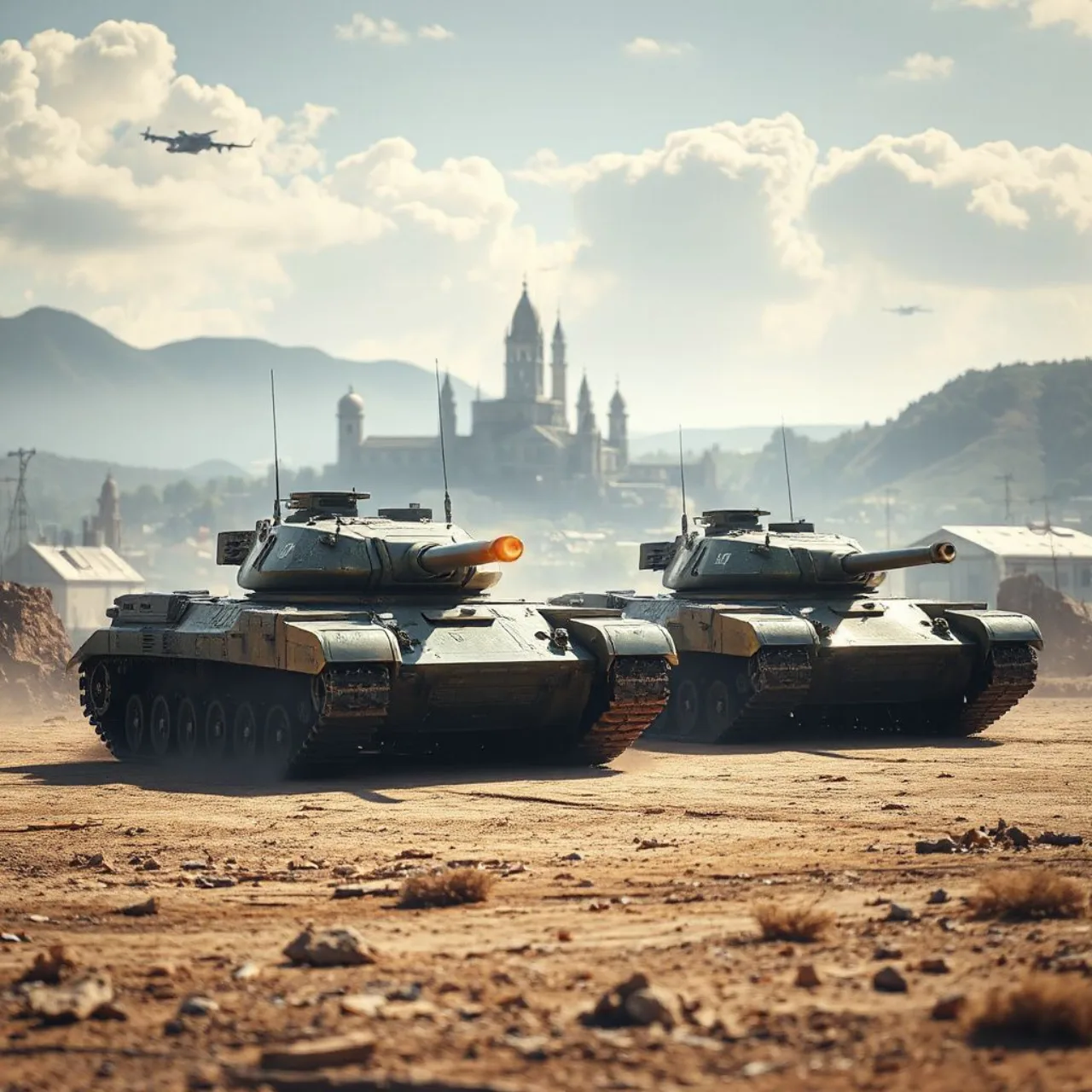 Logo de Girls und Panzer: All‑Star Tank Carnival ao lado de um Switch 2, com tanques anime em ação no fundo