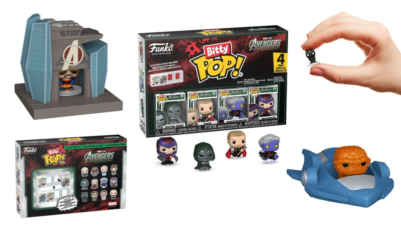 Miniaturas Bitty POP! de Iron Man, Thor e Hulk ao lado do logo Avengers: Doomsday em fundo escuro