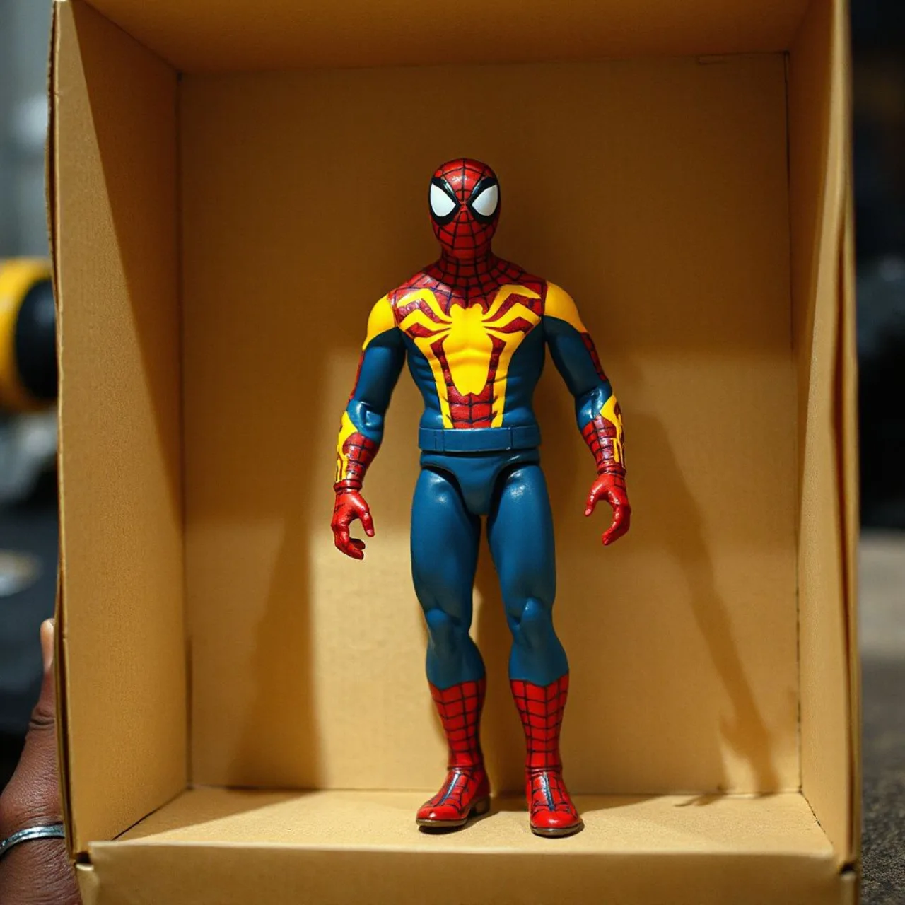 Figura de ação da Mego do Homem-Aranha, em pose heroica, com etiqueta AFA 80 sobre fundo de vitrine de leilão