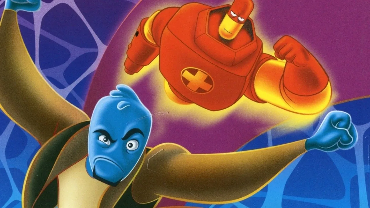 Corpo humano estilizado com artérias, onde um microscópio mostra o personagem Osmosis Jones combatendo germes