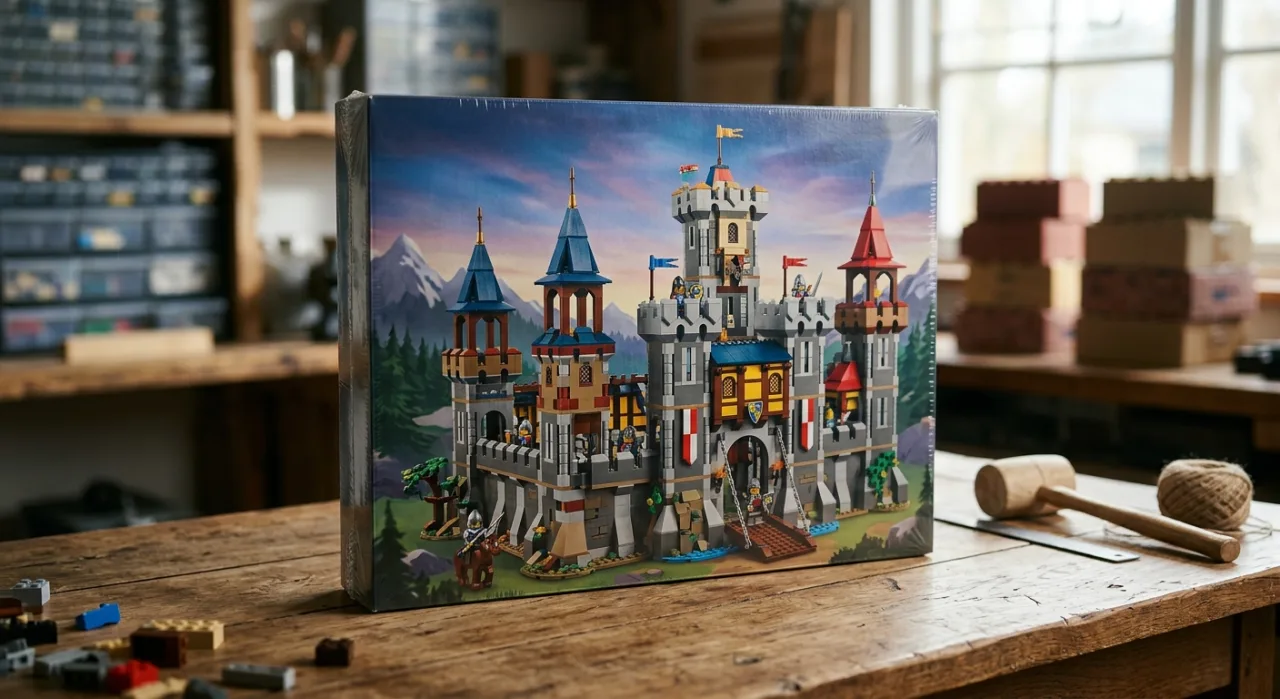 Jovem em roupa de academia faz agachamento segurando o LEGO Disney Castle sobre o peito