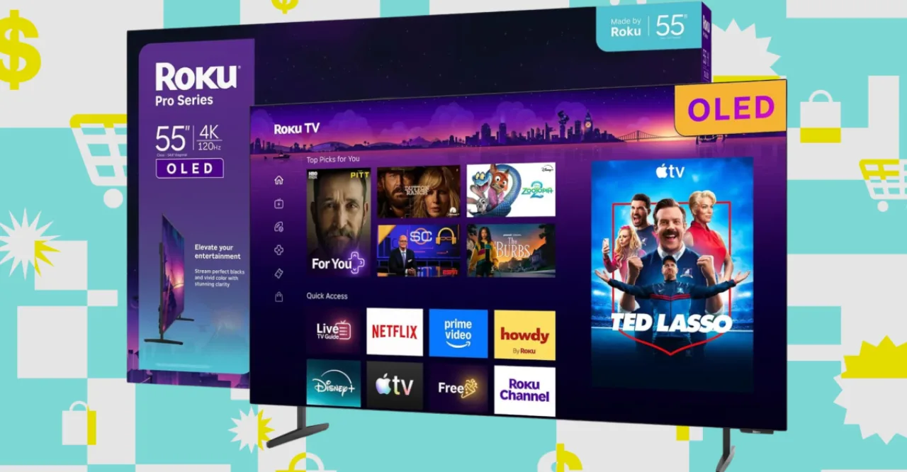 TV OLED Roku de 55'' na parede, exibindo cores vivas, com logo Roku e destaque ao código ROKUOLED300