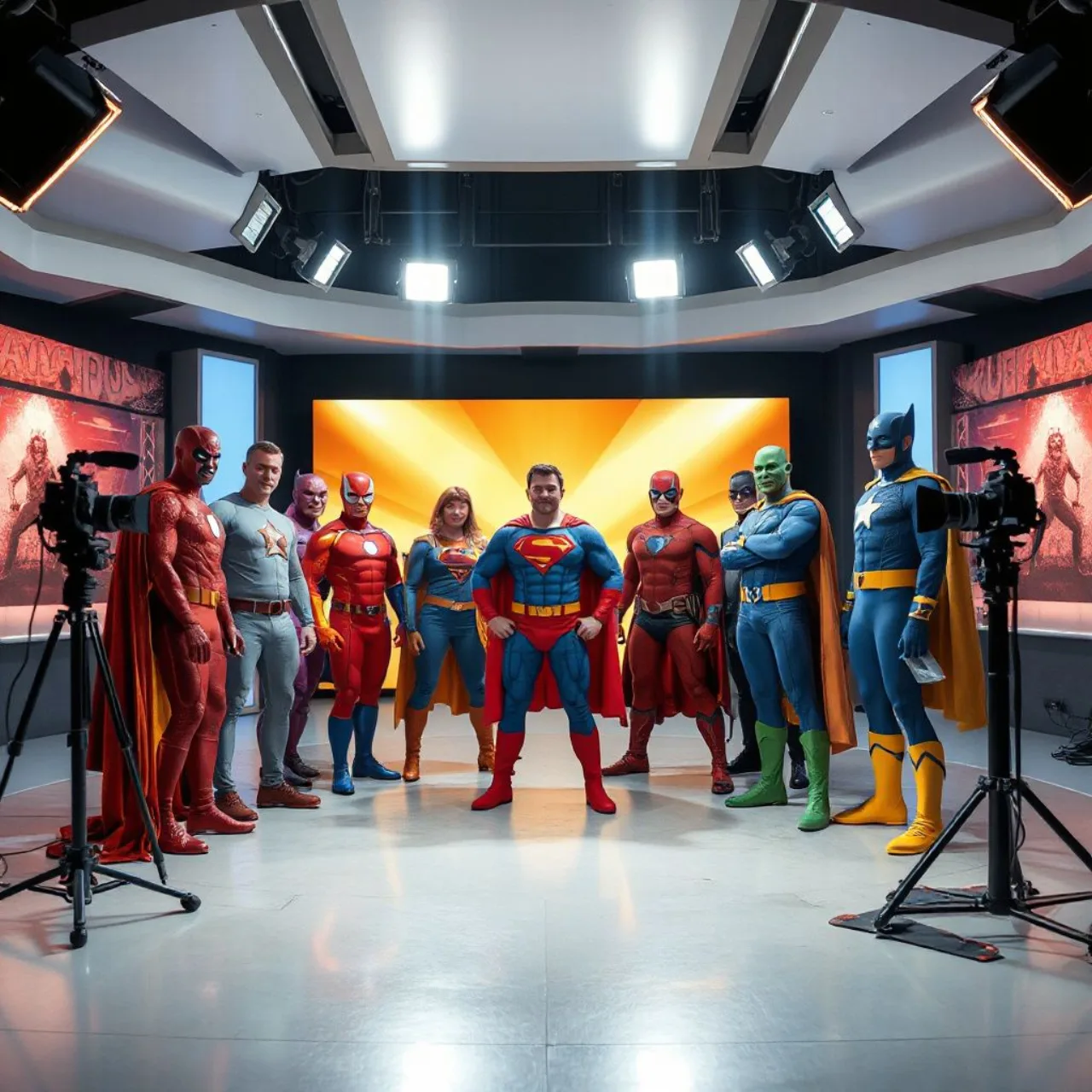 Fire, Guy Gardner, Supergirl, Beast Boy e Booster Gold posam para a câmera em estilo de reality show