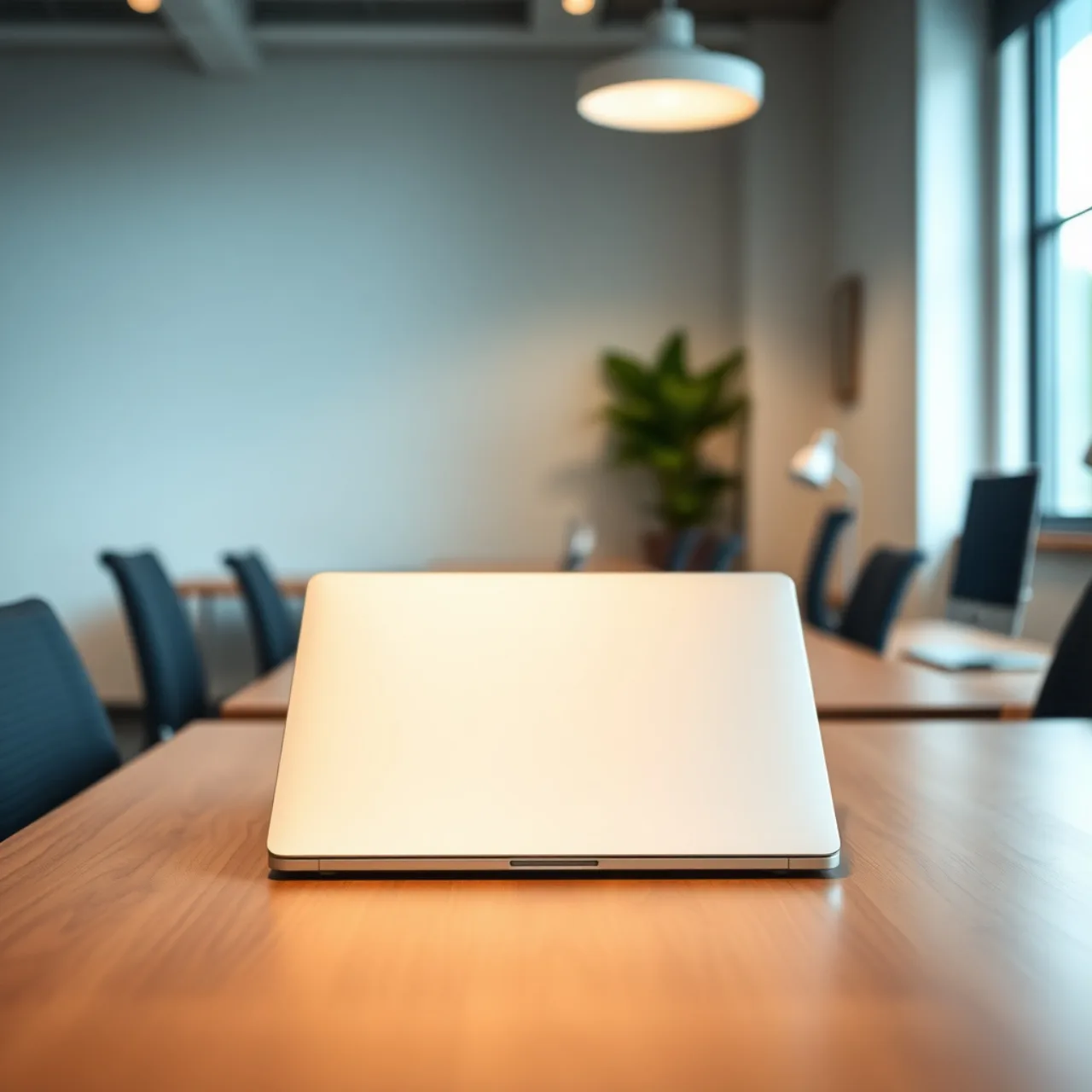 Laptop ultrafino aberto sobre uma mesa de trabalho minimalista com um café e um smartphone ao lado