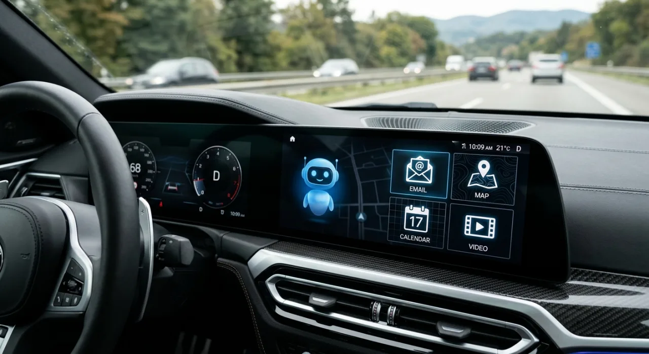 Tela do Android Auto exibindo o ícone Gemini AI ao lado de ícones de Gmail, Calendar, Maps e YouTube no painel do carro
