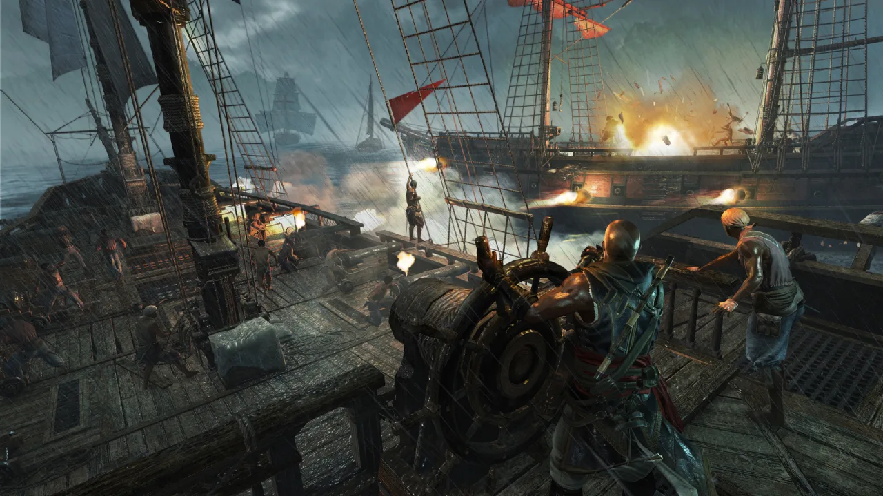 Jogador em postura de flexão segurando controle, ao fundo pôster de Assassin's Creed Black Flag