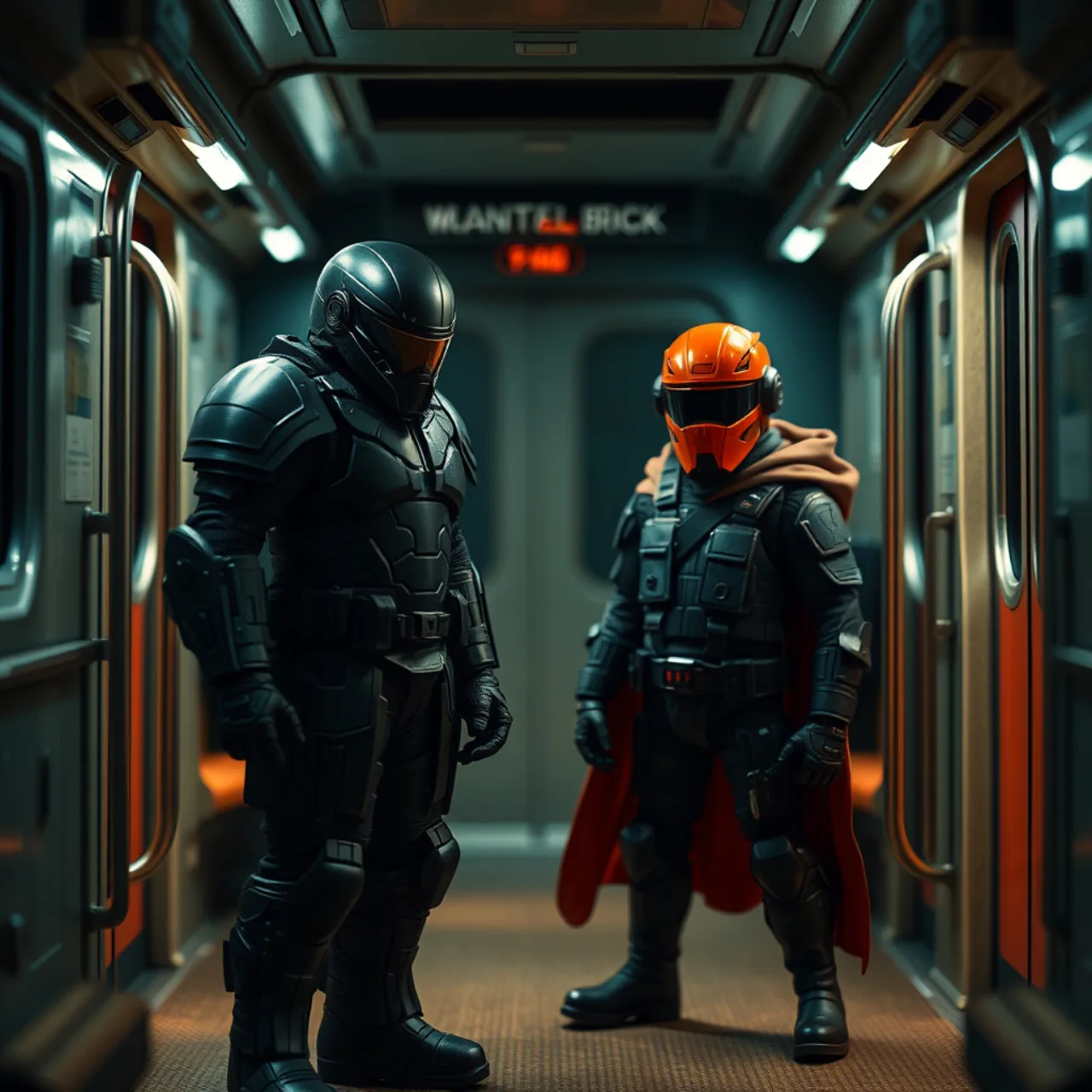 Homem em traje de Batman estilo “Absolute”, segurando halteres neon enquanto faz agachamento em academia futurista