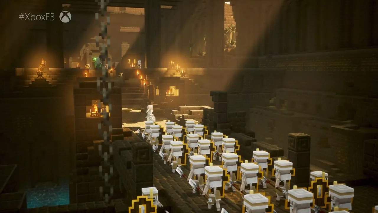 Jovem joga Minecraft Dungeons II no Switch enquanto faz agachamento, segurando halteres e bebendo água