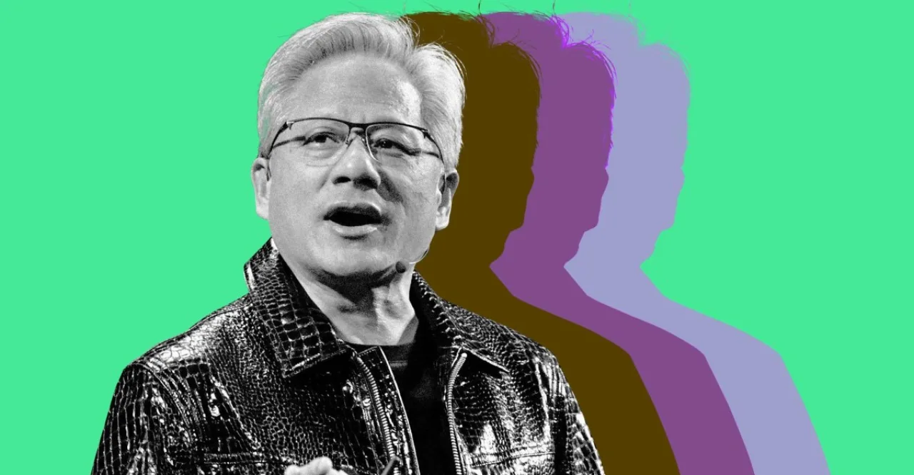 Jensen Huang, em terno, aponta para um holograma de cérebro digital ao lado do logotipo da NVIDIA