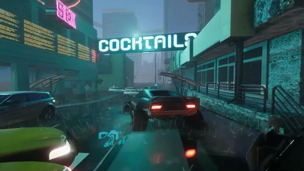 Jogador neon levanta halteres ao lado de monitor com Cyberpunk 2077 e garrafa de água