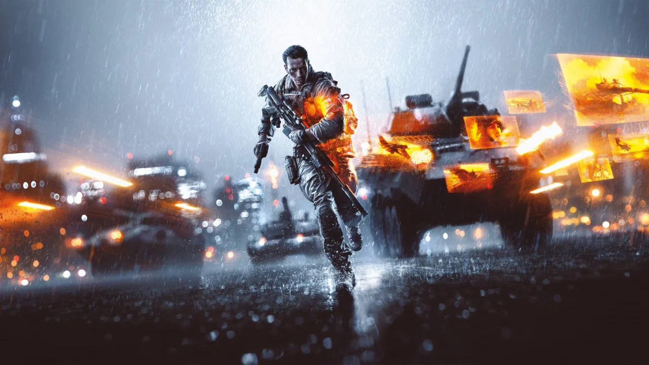 Jogador em roupa de academia segurando o disco de Battlefield 4, ao lado de halteres e controle Xbox