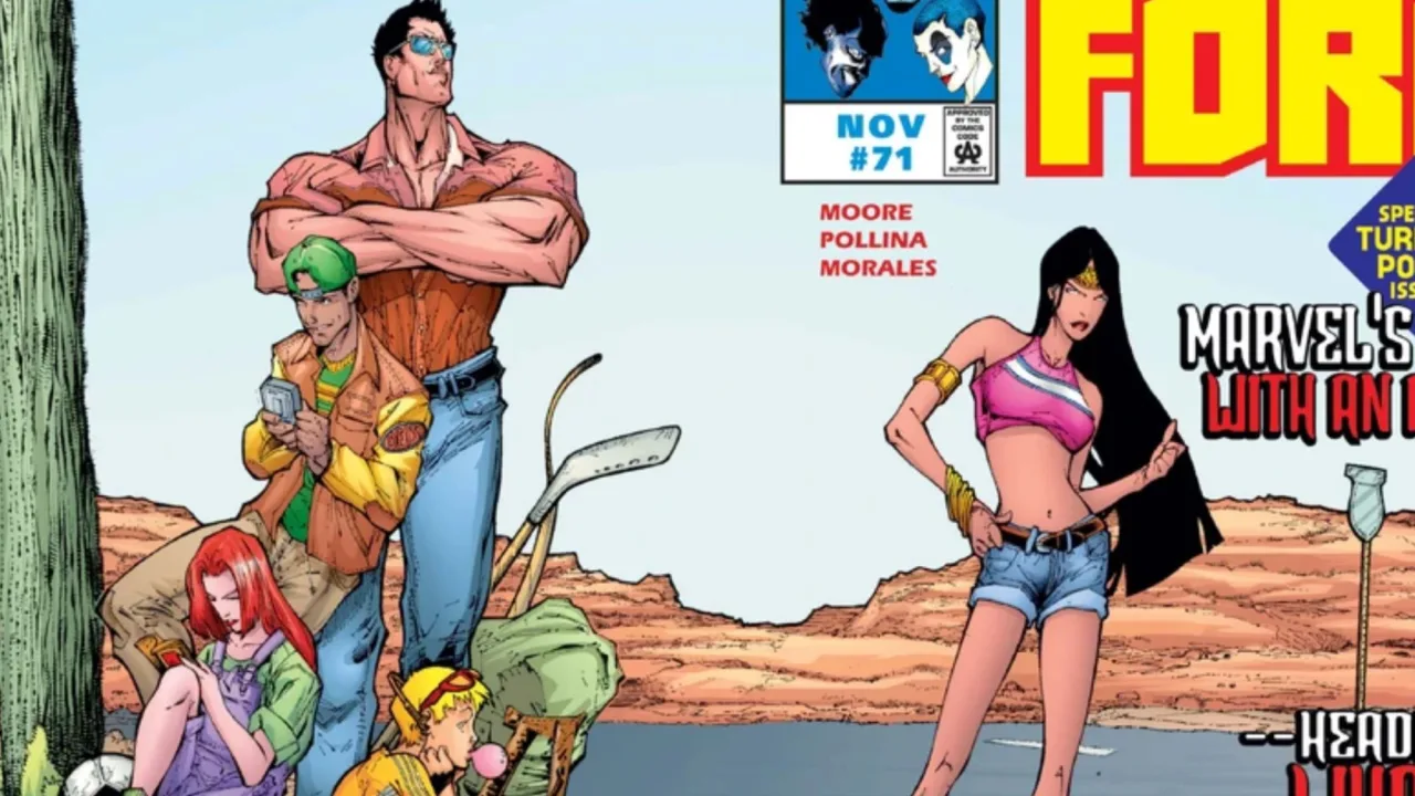 Capa de X‑Force #44 (1995) mostrando a nova equipe de mutantes jovens, como Cannonball e Boom‑Boom, em pose heroica