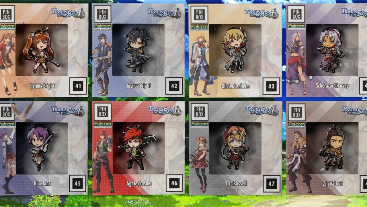 Pins enamel dispostos sobre um fundo preto, destacando personagens de Trails in the Sky em miniaturas de ação
