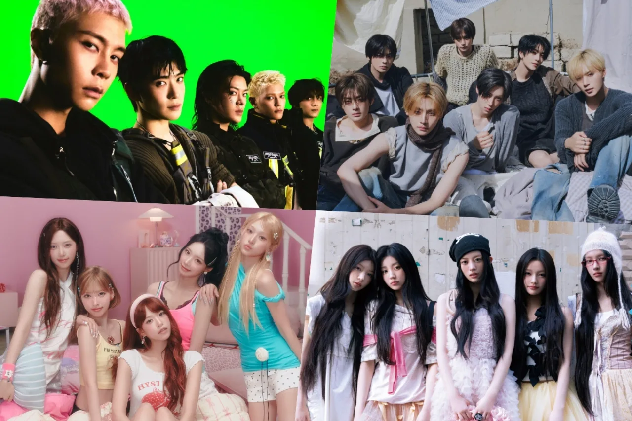 Membros de NCT 127 em trajes neon segurando o single “Blingy”, com o logotipo da Circle Chart ao fundo