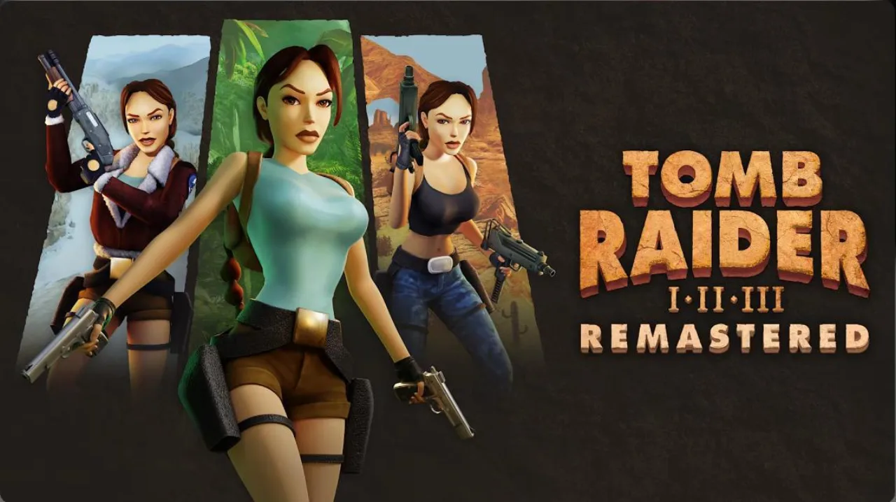 Jogador sentado no sofá, segurando controle, enquanto faz flexões apoiado nos joelhos, com tela de Tomb Raider ao fundo