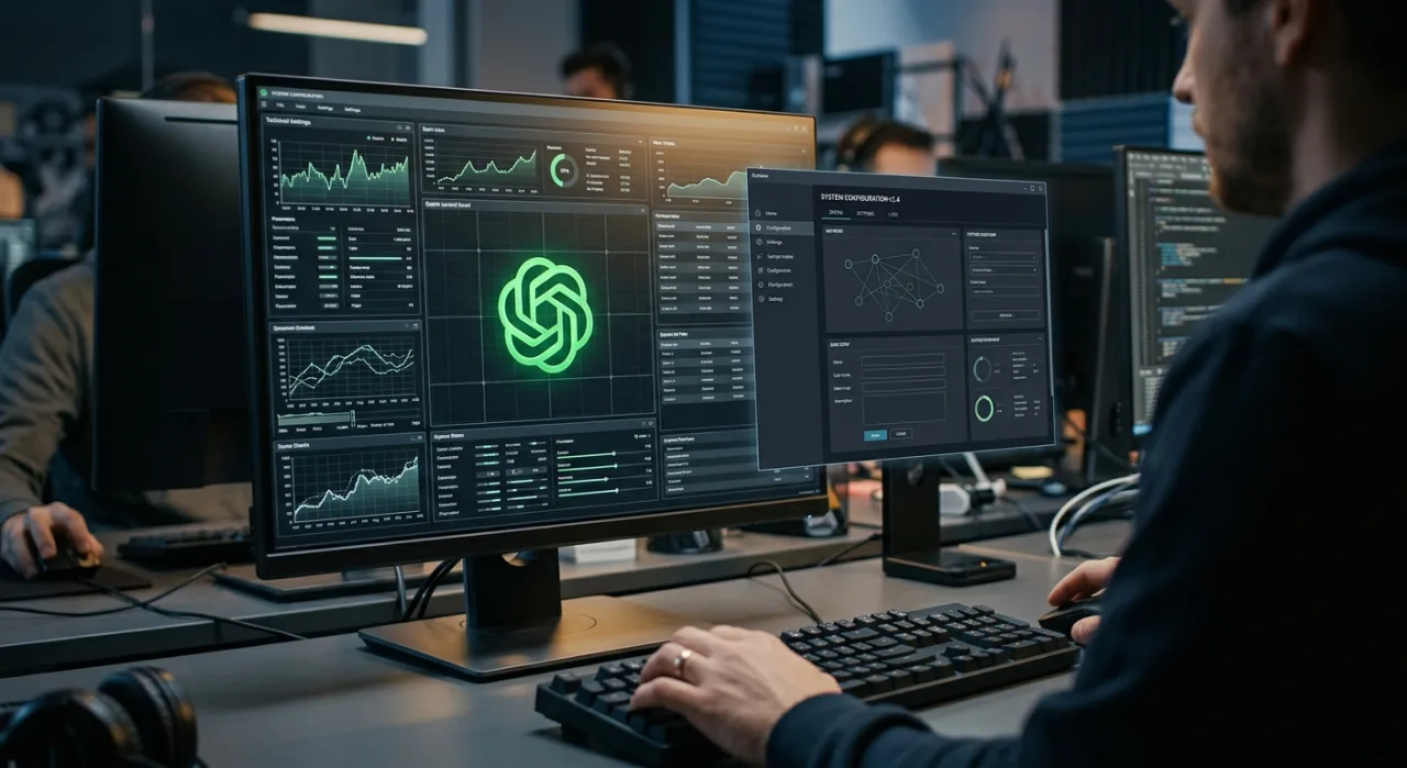 Gamer focado em frente a um monitor de alta performance, ajustando configurações gráficas avançadas em um setup RGB