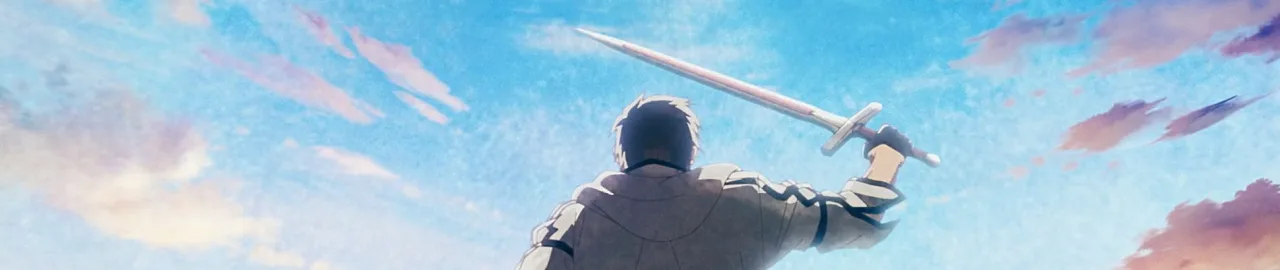 O protagonista empunhando sua espada ao lado do logo da série e do selo Prime Video, com artes de fundo estilo anime
