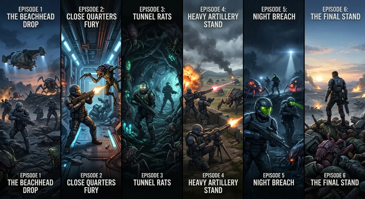 Rico em armadura de combate enfrenta insetos gigantes ao fundo de um planeta desolado, com o logo da série ao centro