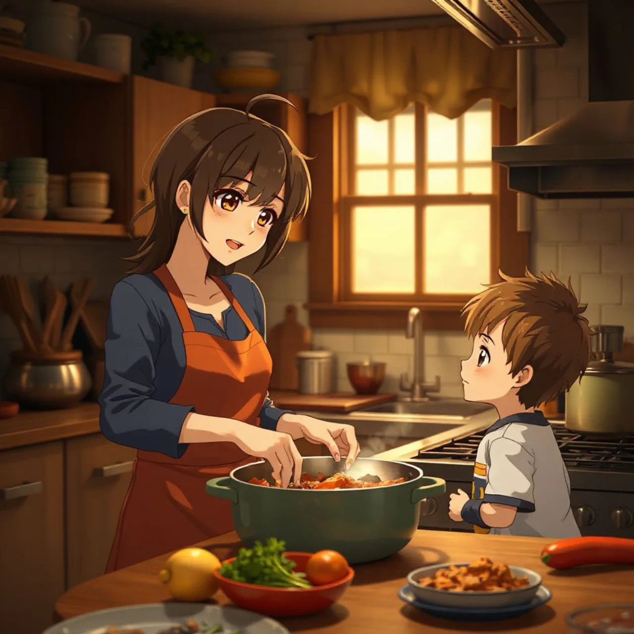 Mama Caroni abraça o jovem Welsh em frente ao logo de Aoki Denshō Welsh & Shedar, estilo anime vibrante