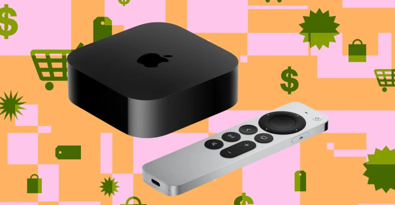 Apple TV 4K refurbished em caixa branca com selo “Refurbished”, cabo HDMI e etiqueta de preço mostrando US$ 169/209